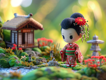 Hina dolls and traditional japanese house on green moss backgroundの素材