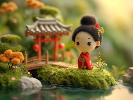 japanese doll on green moss in the garden with red pagodaの素材
