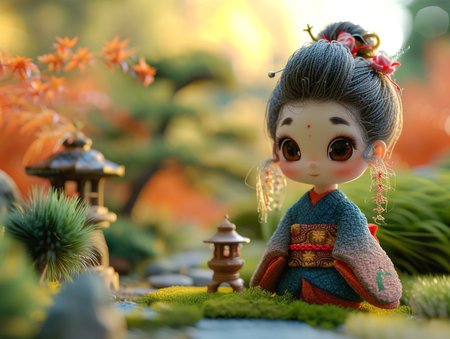 Japanese doll in the garden with autumn leaves background, selective focus.の素材