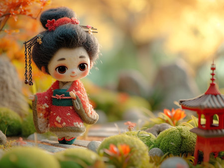 Japanese doll in the garden with autumn leaves background. (Selective focus)の素材