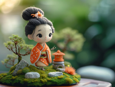 Miniature japanese doll on green moss and blurred background.の素材