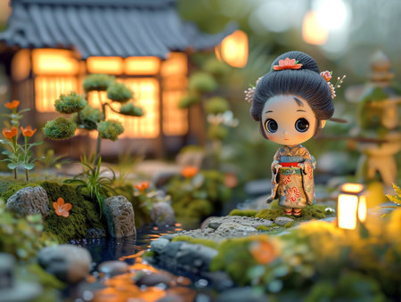 Traditional japanese clay doll in a garden at Hiroshima, Japan.の素材