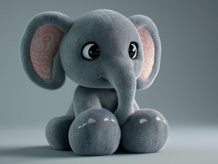 Cute elephant toy on grey background. 3D rendering. Studio shot.の素材