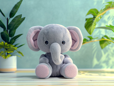 Cute soft toy elephant on a wooden table. 3D renderingの素材