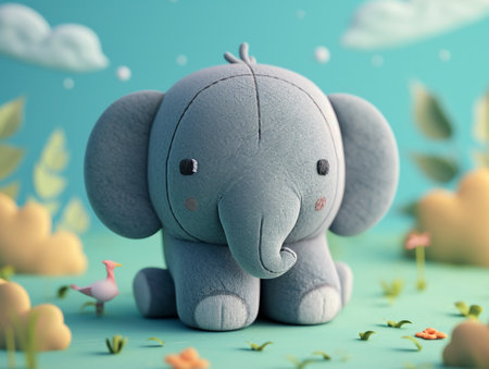 Cute little elephant on blue background. 3d illustration. Selective focus.の素材