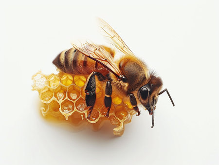 Honey bee and honeycombs isolated on a white background.の素材