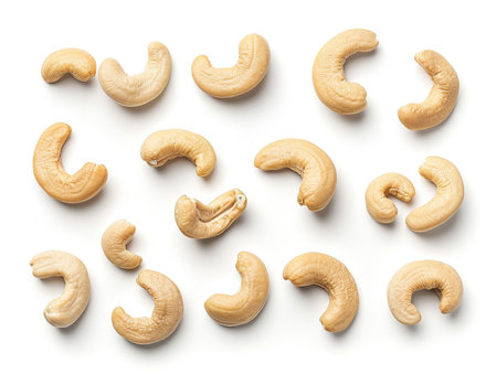 Tasty cashew nuts on white background, top view. Healthy snackの素材