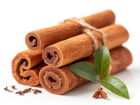 Cinnamon sticks and leaves isolated on white background. Close up.の素材