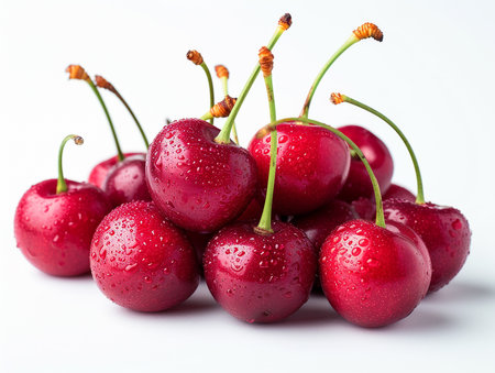 Cherries with water drops on a white background, isolated.の素材