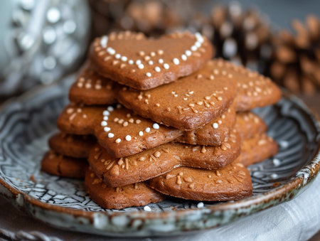 Homemade gingerbread cookies in the shape of a heart on a plateの素材