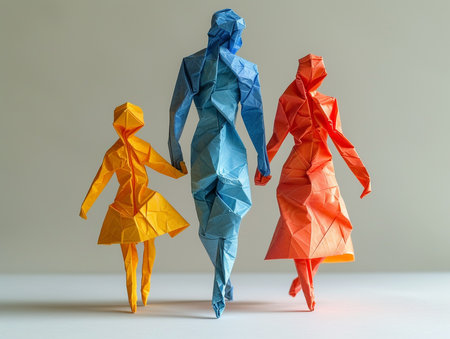 Paper man and woman with different color origami. Conceptual photo.の素材