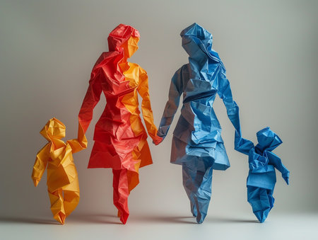 Paper man and woman with crumpled colorful paper isolated on gray backgroundの素材