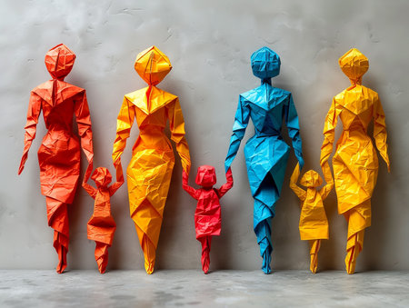 Colorful origami men on a gray background. Origami conceptの素材