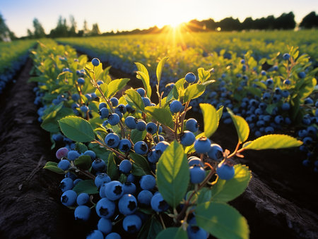 Blueberries growing on a field in the rays of the setting sunの素材