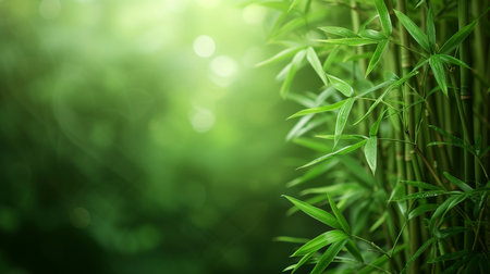 Bamboo leaves with green bokeh background in the garden.の素材