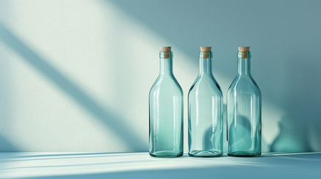 Three empty glass bottles on a white background. 3d rendering.の素材
