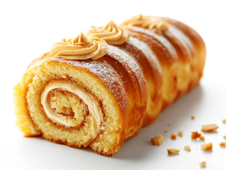 Sweet roll with cream on a white background. Shallow dof.の素材