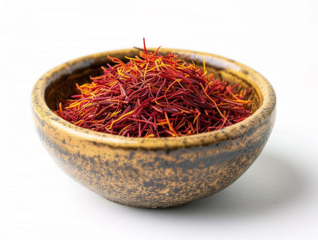 Dried saffron in a bowl on a white background.の素材