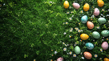 Easter eggs on green grass with daisies, Easter backgroundの素材