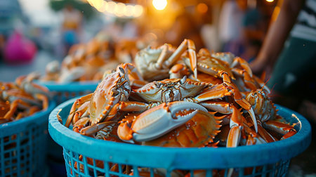 Crab in the blue basket on the street market, Thailand.の素材