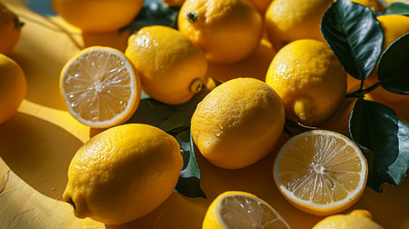 Lemons and lemons on yellow background. Top view.の素材