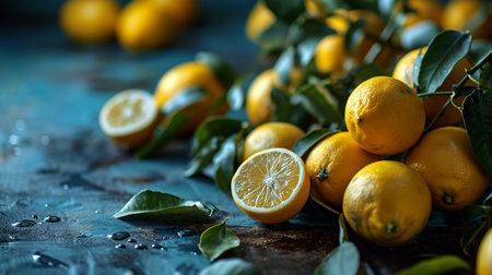 Fresh lemons with leaves on a dark blue background, selective focusの素材