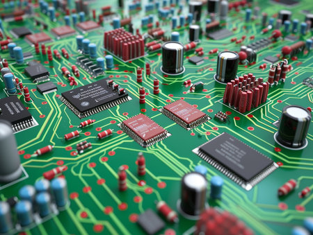 Close-up of electronic circuit with electronic components. 3D renderingの素材