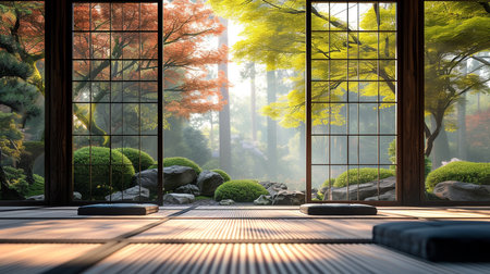 Japanese garden with wooden floor and window, 3d rendering. Computer digital drawing.の素材