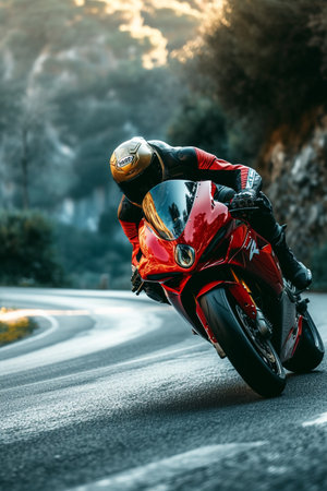 Motorcyclist riding on a mountain road. Extreme sport concept.の素材