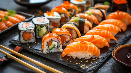 Sushi set on a black plate with chopsticks, selective focusの素材