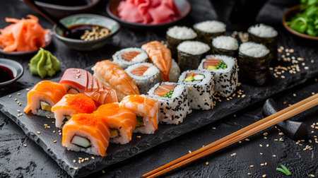 Japanese cuisine. Sushi set on black background. Sushi roll with salmon, shrimp, avocado, caviar, wasabi, ginger, soy sauce.の素材