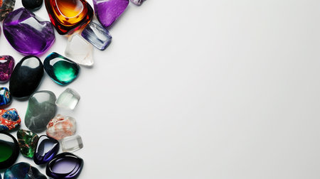 multicolored stones on a white background, top view, copy spaceの素材