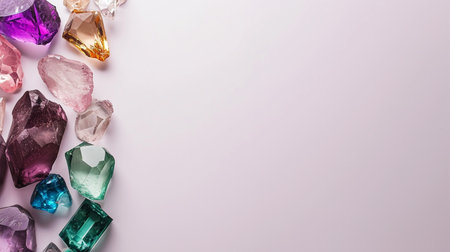 Colorful gems on white background with copy space. Top view.の素材
