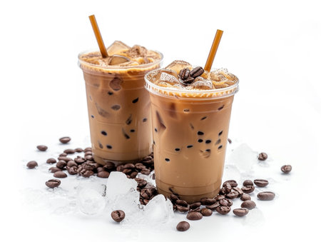 Iced coffee with ice cubes and coffee beans on white background.の素材