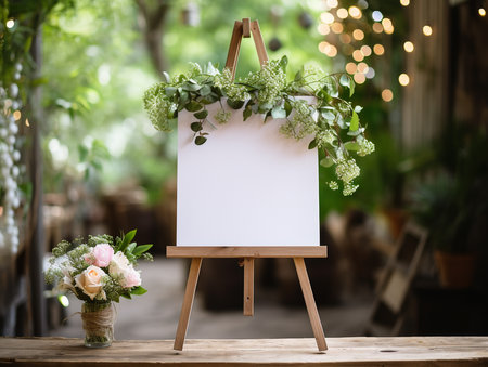 Blank white canvas on easel with flower decoration, stock photoの素材