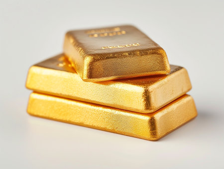 Gold bars on a white background. 3d rendering. Computer digital drawing.の素材