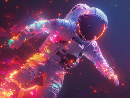 Astronaut in outer space with glowing lights. 3D renderingの素材