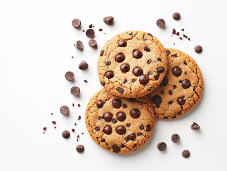 Chocolate chip cookies on a white background, close-up.の素材
