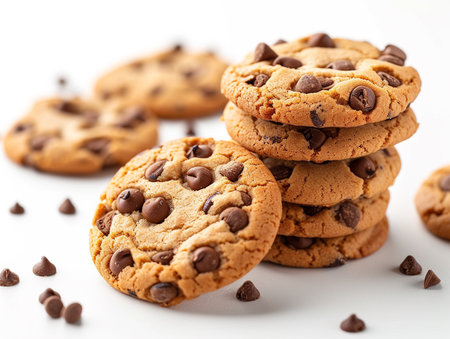 Chocolate chip cookies on white background, top view. Homemade pastryの素材