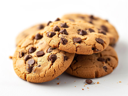 Chocolate chip cookies on white background. Shallow dof.の素材
