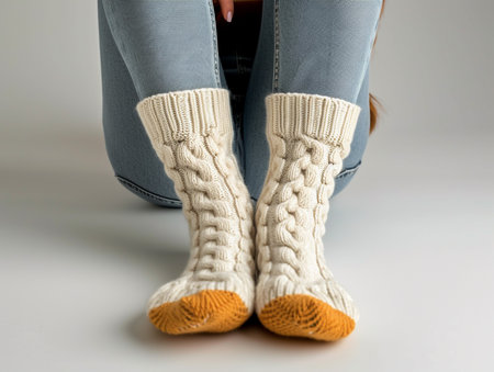Woman wearing knitted socks on white background, closeup of legsの素材