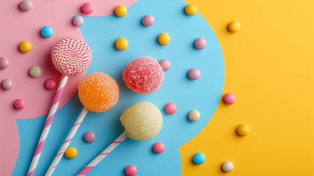 Colorful candies and lollipops on color background, top viewの素材