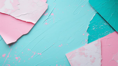 Pieces of torn paper on blue and pink background with copy spaceの素材