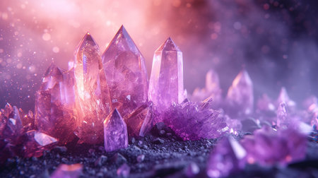 Beautiful magic amethyst crystals on a dark background. Fantasy crystal.の素材