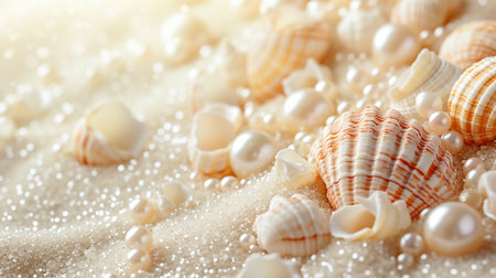 Seashells on sand, closeup. Sea vacation conceptの素材