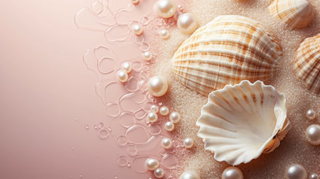 Beautiful background with seashells and pearls, closeupの素材