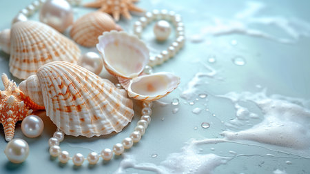 Shells, pearl necklace and water on a light blue background.の素材