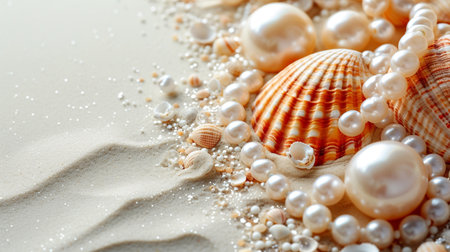Beautiful sea shells and pearls on sand, closeup viewの素材