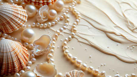 Beautiful cream background with pearls and seashells closeupの素材