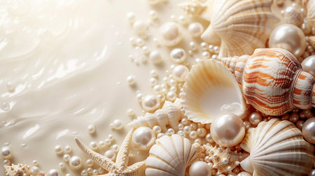 Seashells and pearls on a white background close-upの素材